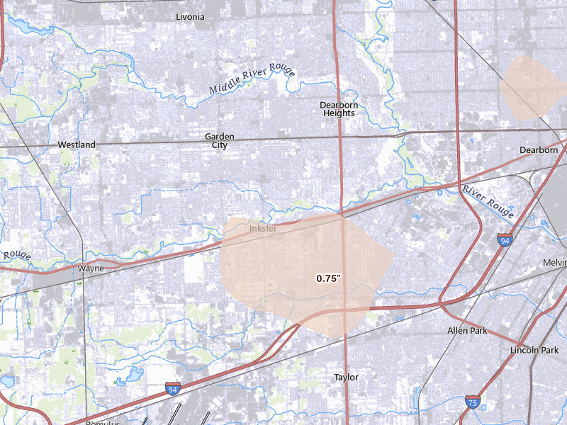 Radar-estimated hail-size map of the storm over Inkster, MI on Jun 10, 2026