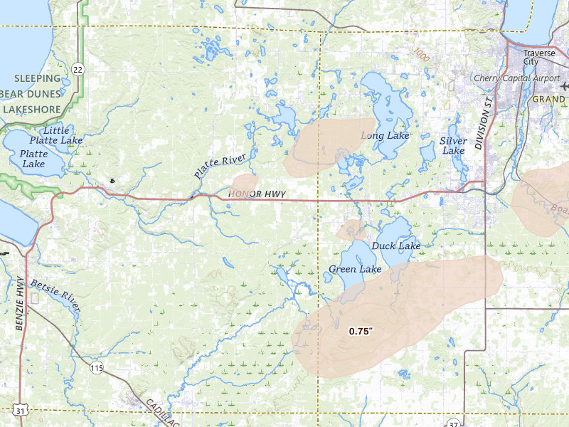 Radar-estimated hail-size map of the storm over Interlochen, MI on Jul 1, 2026