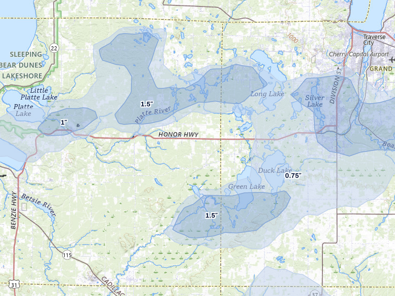 NEXRAD radar-signature map of the hail storm over Interlochen, MI on Jul 1, 2026