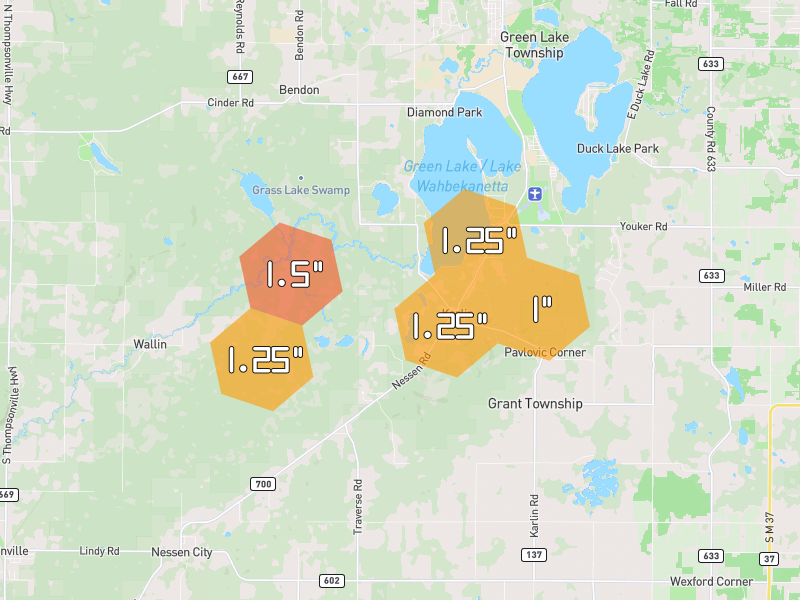 Hail map of Interlochen, MI on Jul 1, 2026, hail up to 1.5"