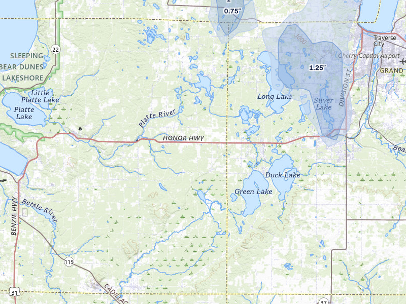 NEXRAD radar-signature map of the hail storm over Interlochen, MI on Jul 12, 2026