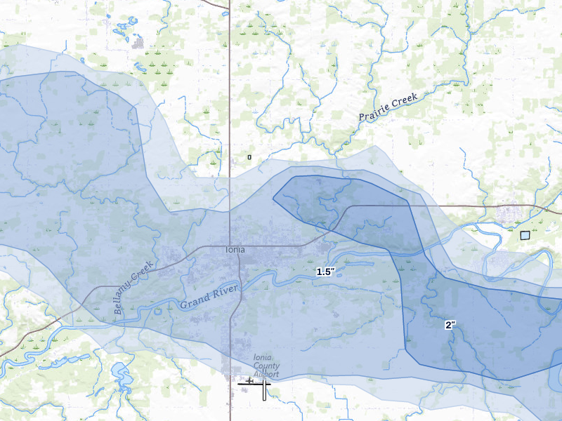 NEXRAD radar-signature map of the hail storm over Ionia, MI on May 15, 2026