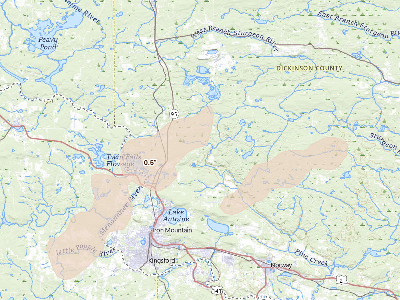 Radar-estimated hail-size map of the storm over Iron Mountain, MI on Jun 28, 2026