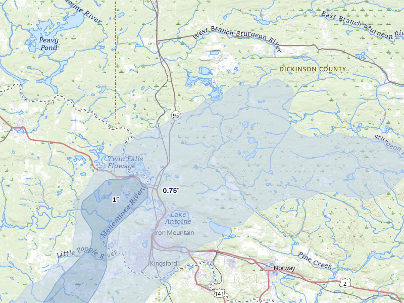 NEXRAD radar-signature map of the hail storm over Iron Mountain, MI on Jun 28, 2026