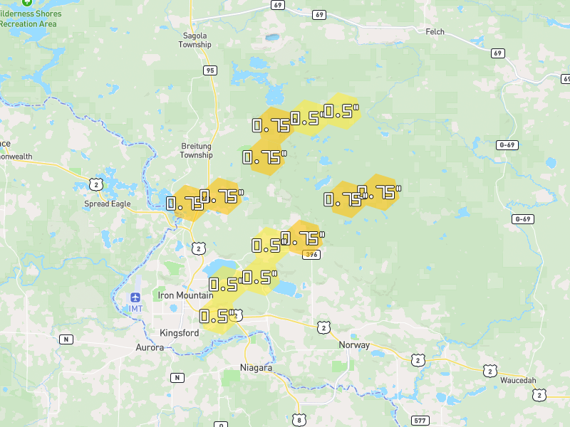 Hail map of Iron Mountain, MI on Jun 29, 2026, hail up to 0.75"