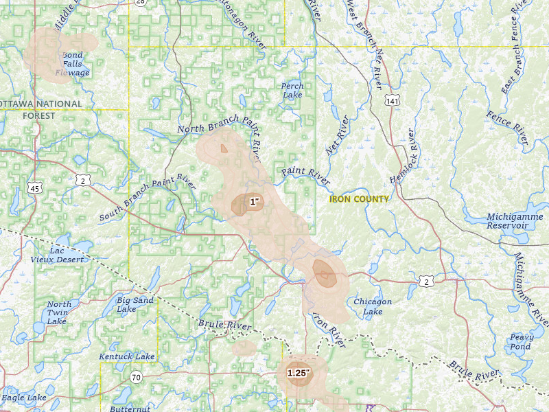 Radar-estimated hail-size map of the storm over Iron River, MI on Jun 24, 2026