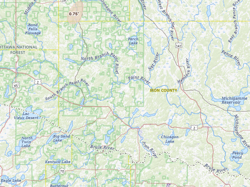 Radar-estimated hail-size map of the storm over Iron River, MI on Jul 3, 2026