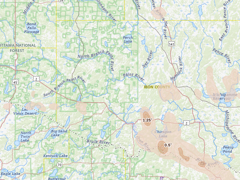 Radar-estimated hail-size map of the storm over Iron River, MI on Jul 20, 2026