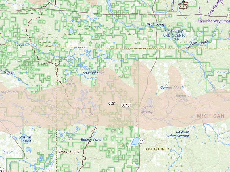 Radar-estimated hail-size map of the storm over Irons, MI on Mar 30, 2026