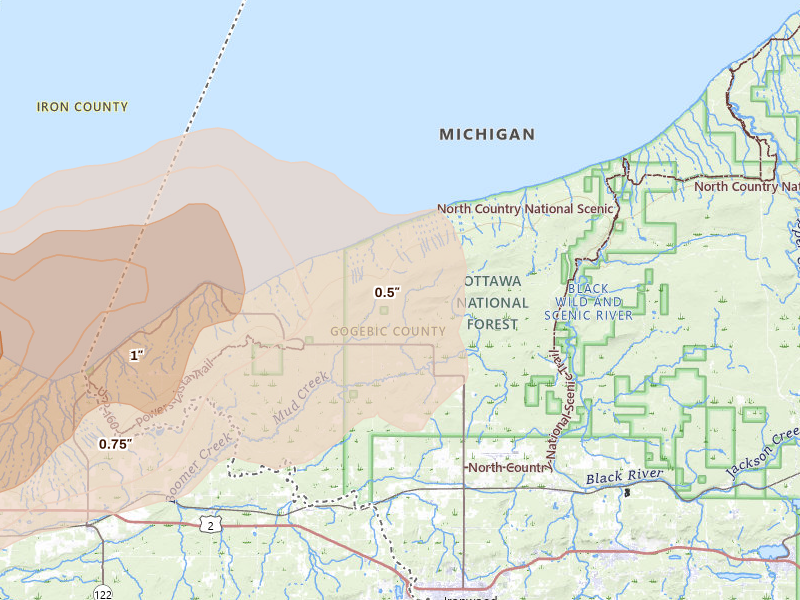 Radar-estimated hail-size map of the storm over Ironwood, MI on Jun 29, 2026