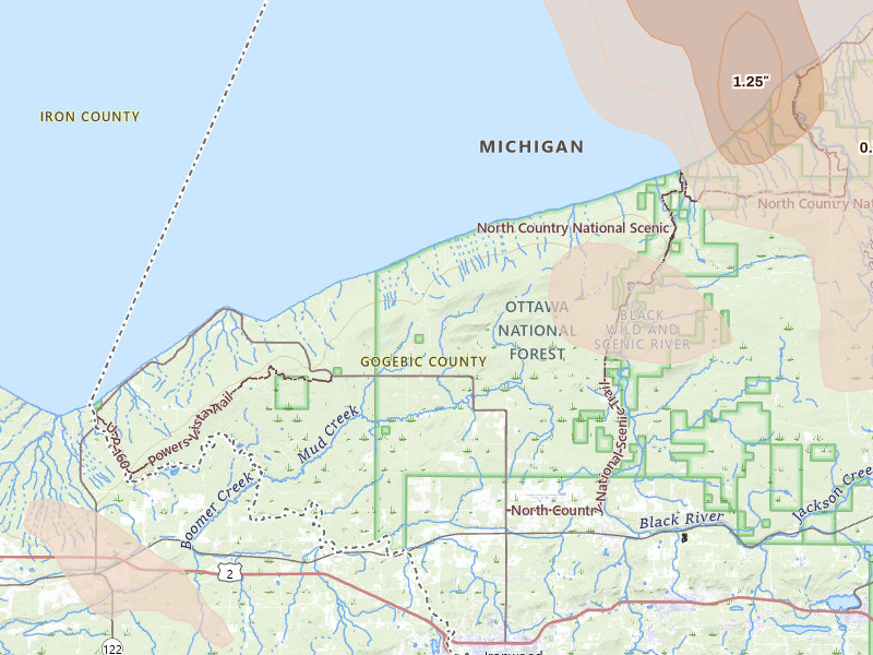 Radar-estimated hail-size map of the storm over Ironwood, MI on Jul 27, 2026