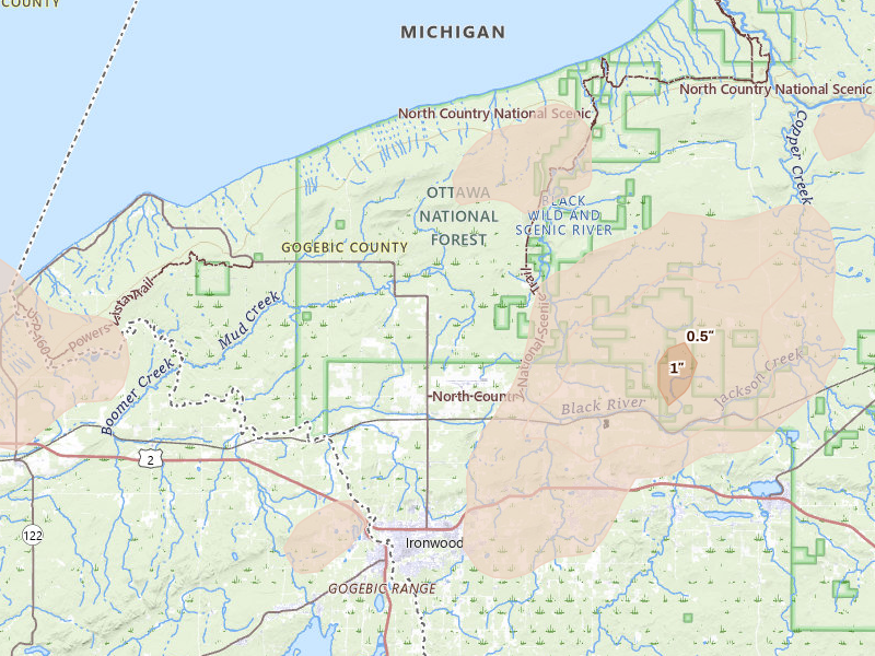 Radar-estimated hail-size map of the storm over Ironwood, MI on Aug 7, 2026