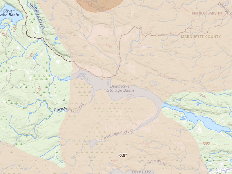 Radar-estimated hail-size map of the storm over Ishpeming, MI on Jul 12, 2026