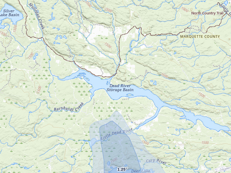NEXRAD radar-signature map of the hail storm over Ishpeming, MI on Jul 12, 2026