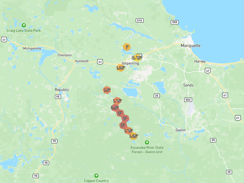 Hail map of Ishpeming, MI on Jul 12, 2026, hail up to 2.5"