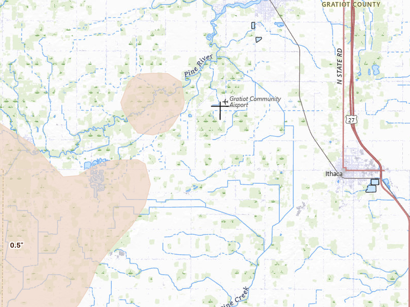 Radar-estimated hail-size map of the storm over Ithaca, MI on Apr 14, 2026