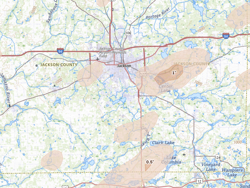 Radar-estimated hail-size map of the storm over Jackson, MI on Jul 3, 2026