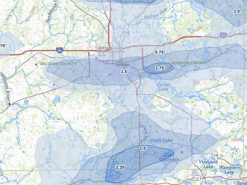 NEXRAD radar-signature map of the hail storm over Jackson, MI on Jul 3, 2026
