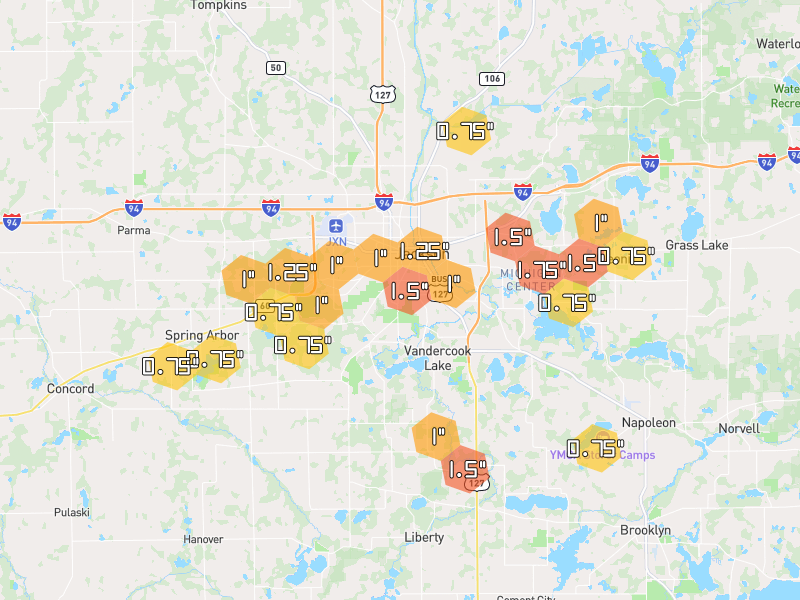 Hail map of Jackson, MI on Jul 3, 2026, hail up to 1.75"