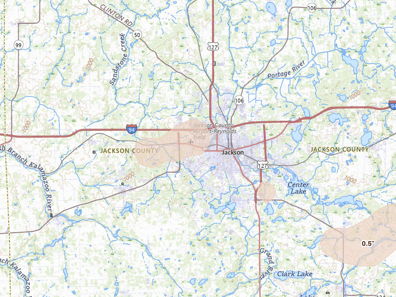 Radar-estimated hail-size map of the storm over Jackson, MI on Aug 9, 2026