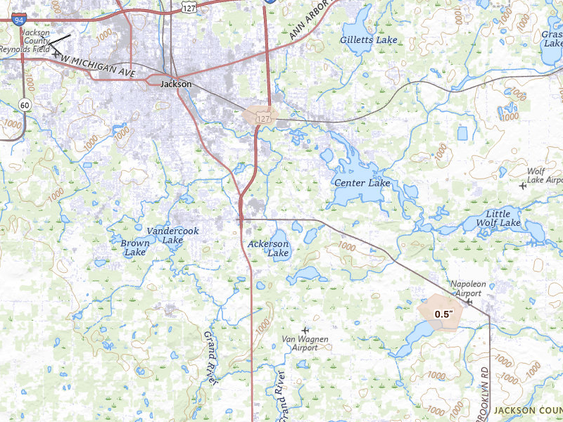Radar-estimated hail-size map of the storm over Jackson, MI on Sep 3, 2026