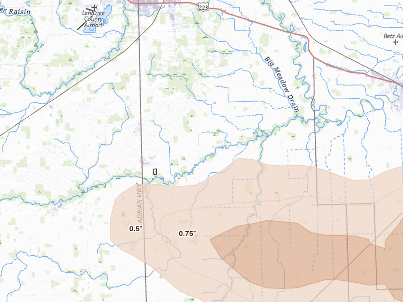 Radar-estimated hail-size map of the storm over Jasper, MI on Aug 10, 2026