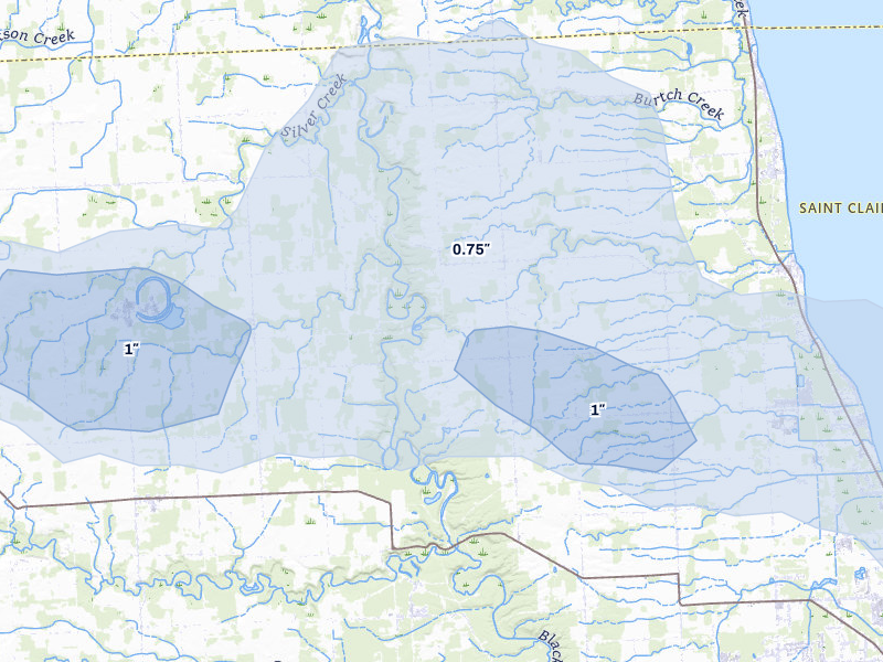 NEXRAD radar-signature map of the hail over Jeddo, MI