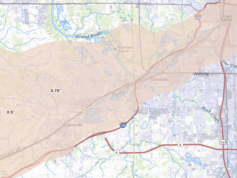 Radar-estimated hail-size map of the storm over Jenison, MI on Mar 10, 2026