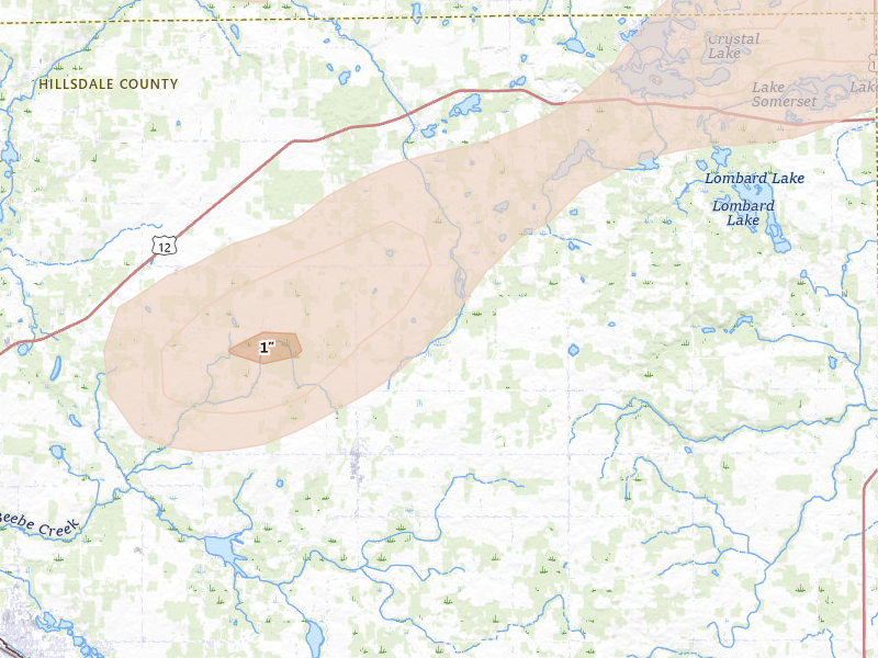 Radar-estimated hail-size map of the storm over Jerome, MI on Jul 3, 2026