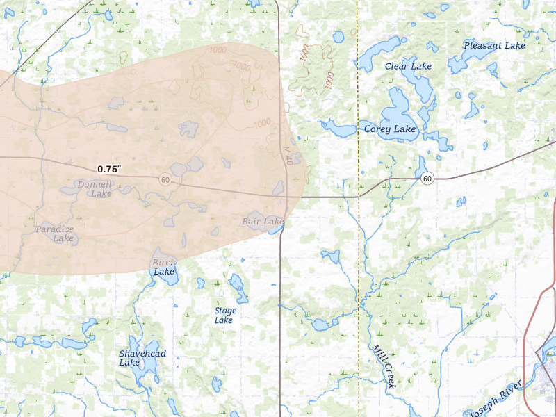 Radar-estimated hail-size map of the storm over Jones, MI on Jun 16, 2026