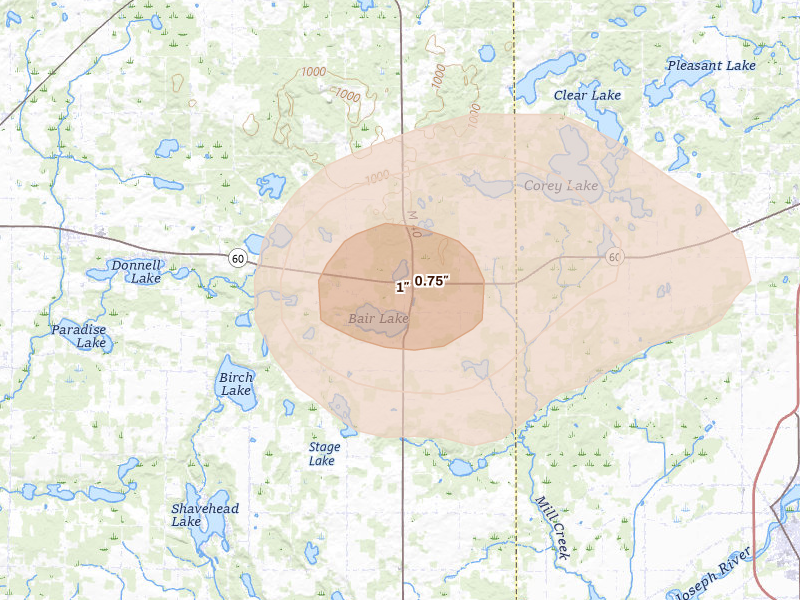 Radar-estimated hail-size map of the storm over Jones, MI on Jul 3, 2026