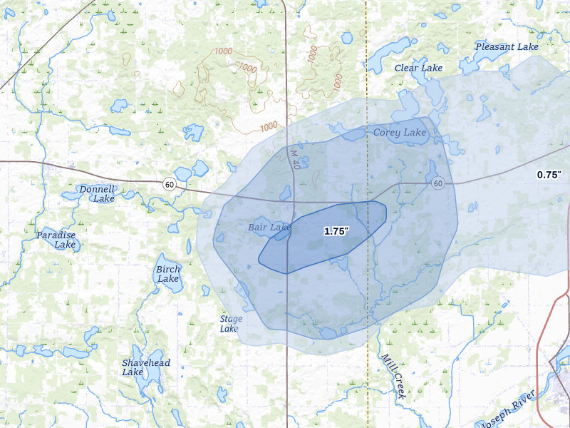 NEXRAD radar-signature map of the hail storm over Jones, MI on Jul 3, 2026