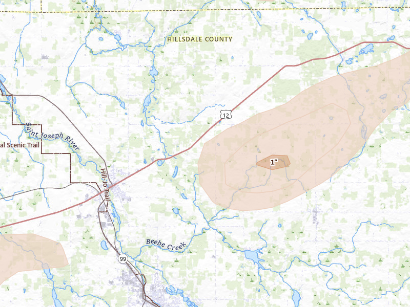 Radar-estimated hail-size map of the storm over Jonesville, MI on Jul 3, 2026