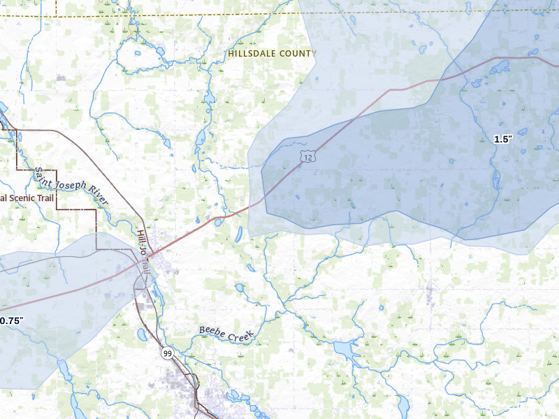 NEXRAD radar-signature map of the hail storm over Jonesville, MI on Jul 3, 2026