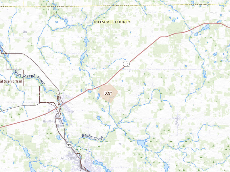Radar-estimated hail-size map of the storm over Jonesville, MI on Jul 17, 2026