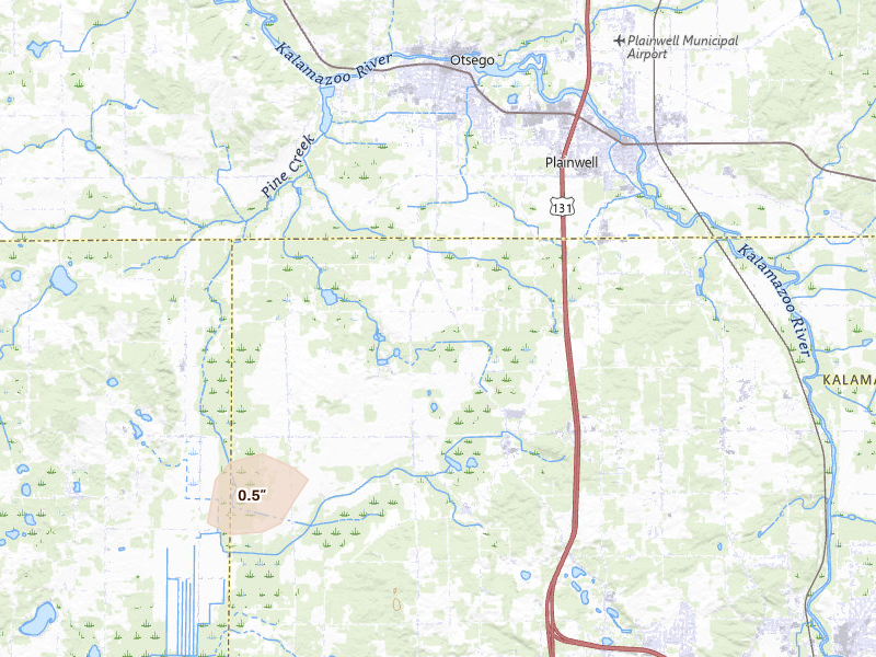 Radar-estimated hail-size map of the storm over Kalamazoo, MI on May 18, 2026