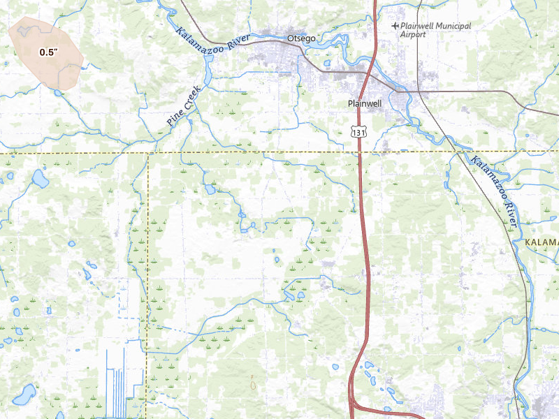 Radar-estimated hail-size map of the storm over Kalamazoo, MI on Jul 2, 2026