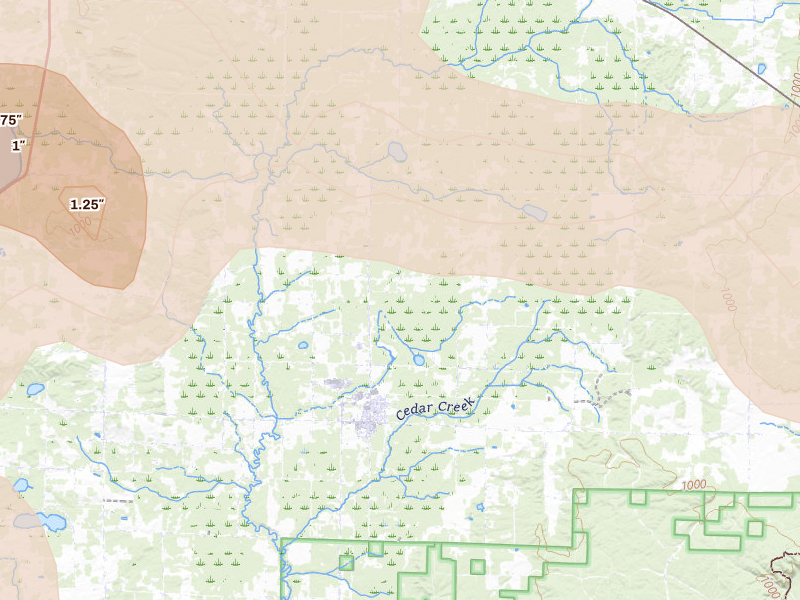 Radar-estimated hail-size map of the storm over Kaleva, MI on Mar 30, 2026