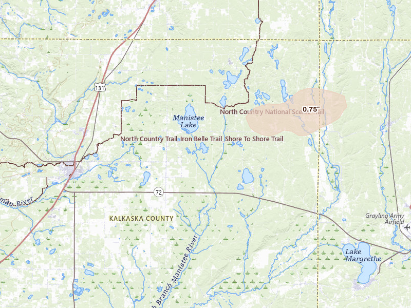 Radar-estimated hail-size map of the storm over Kalkaska, MI on Jul 1, 2026