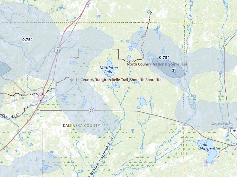 NEXRAD radar-signature map of the hail over Kalkaska, MI
