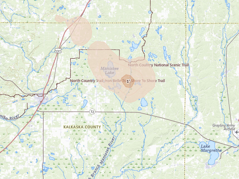 Radar-estimated hail-size map of the storm over Kalkaska, MI on Jul 27, 2026