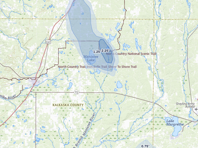 NEXRAD radar-signature map of the hail over Kalkaska, MI