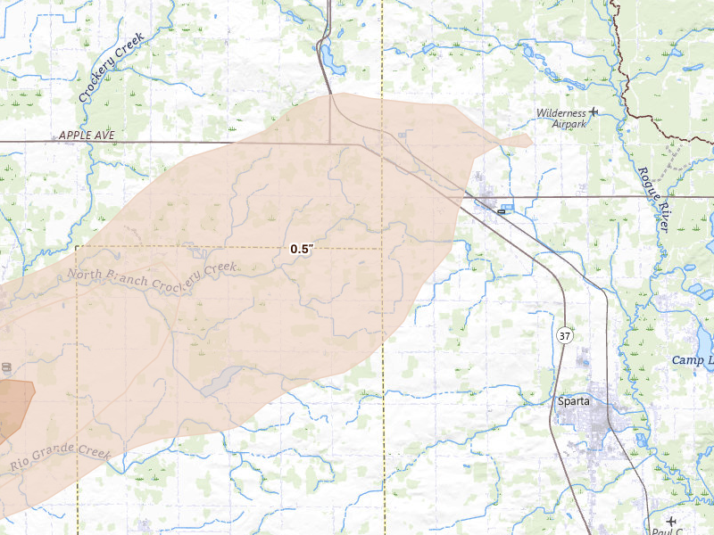 Radar-estimated hail-size map of the storm over Kent City, MI on Mar 10, 2026