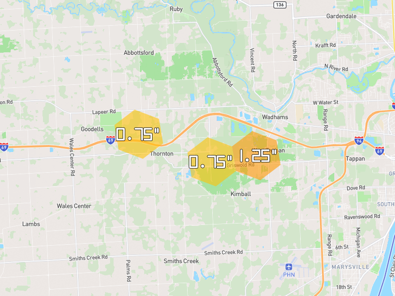 Hail map of Kimball, MI on Jul 21, 2026, hail up to 1.25"