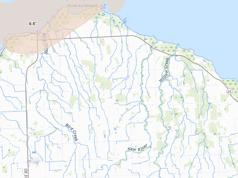 Radar-estimated hail-size map of the storm over Kinde, MI on Mar 30, 2026