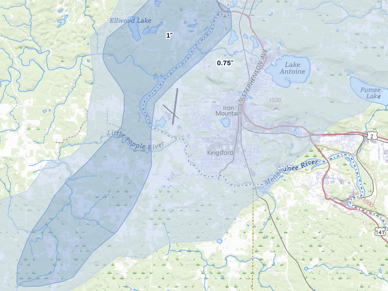 NEXRAD radar-signature map of the hail storm over Kingsford, MI on Jun 28, 2026