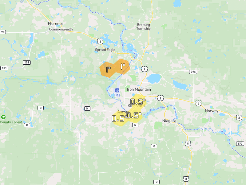 Hail map of Kingsford, MI on Jun 29, 2026, hail up to 1"