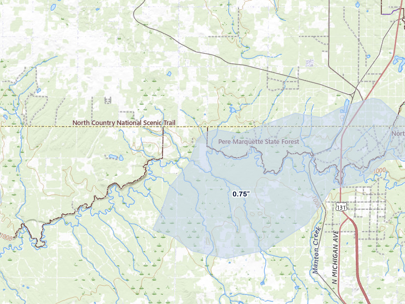 NEXRAD radar-signature map of the hail storm over Kingsley, MI on Jul 1, 2026