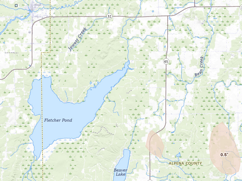 Radar-estimated hail-size map of the storm over Lachine, MI on Jun 13, 2026