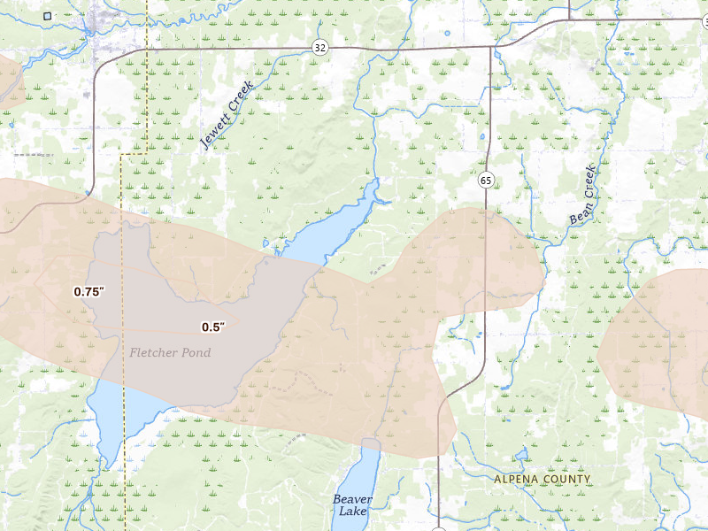 Radar-estimated hail-size map of the storm over Lachine, MI on Jul 27, 2026